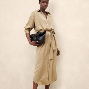 NWT Banana Republic Tie Waist Long Shirt Dress New British Khaki Medium Petite